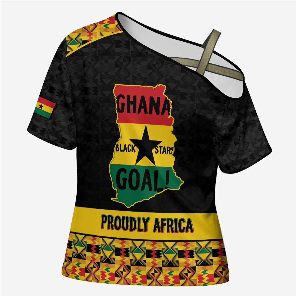Personalized Afro Ghana Football Cross Shoulder Shirt Black Stars Never Fall - Kente Pattern - Wonder Print Shop