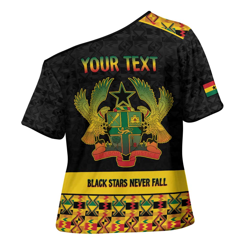 Personalized Afro Ghana Football Cross Shoulder Shirt Black Stars Never Fall - Kente Pattern - Wonder Print Shop