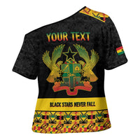Personalized Afro Ghana Football Cross Shoulder Shirt Black Stars Never Fall - Kente Pattern - Wonder Print Shop
