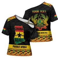 Personalized Afro Ghana Football Cross Shoulder Shirt Black Stars Never Fall - Kente Pattern - Wonder Print Shop