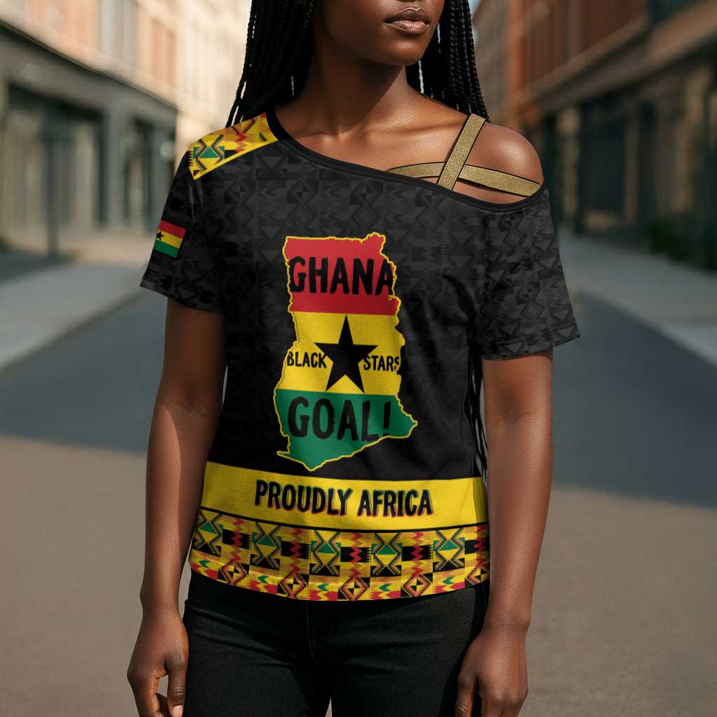 Personalized Afro Ghana Football Cross Shoulder Shirt Black Stars Never Fall - Kente Pattern - Wonder Print Shop