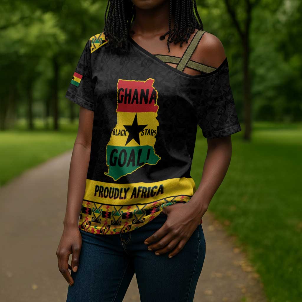 Personalized Afro Ghana Football Cross Shoulder Shirt Black Stars Never Fall - Kente Pattern - Wonder Print Shop