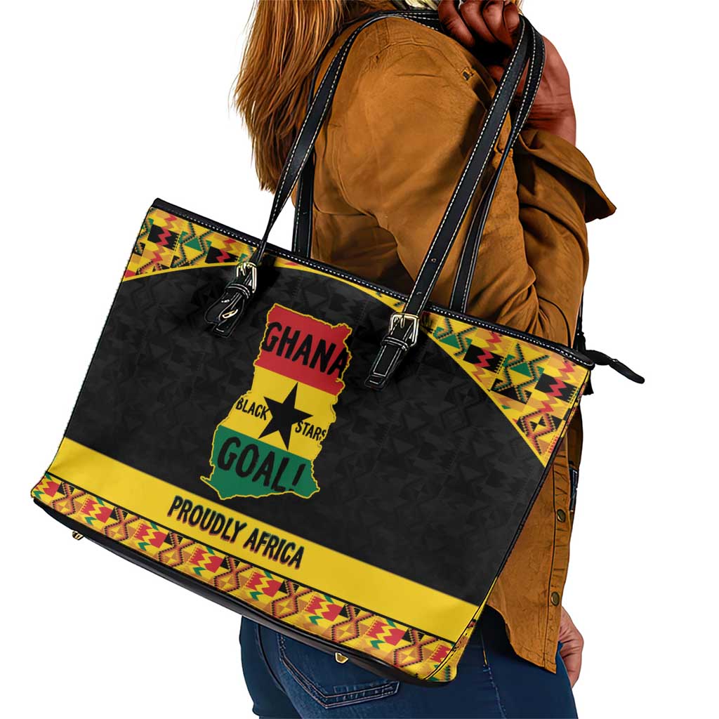 Afro Ghana Football Leather Tote Bag Black Stars Never Fall - Kente Pattern - Wonder Print Shop
