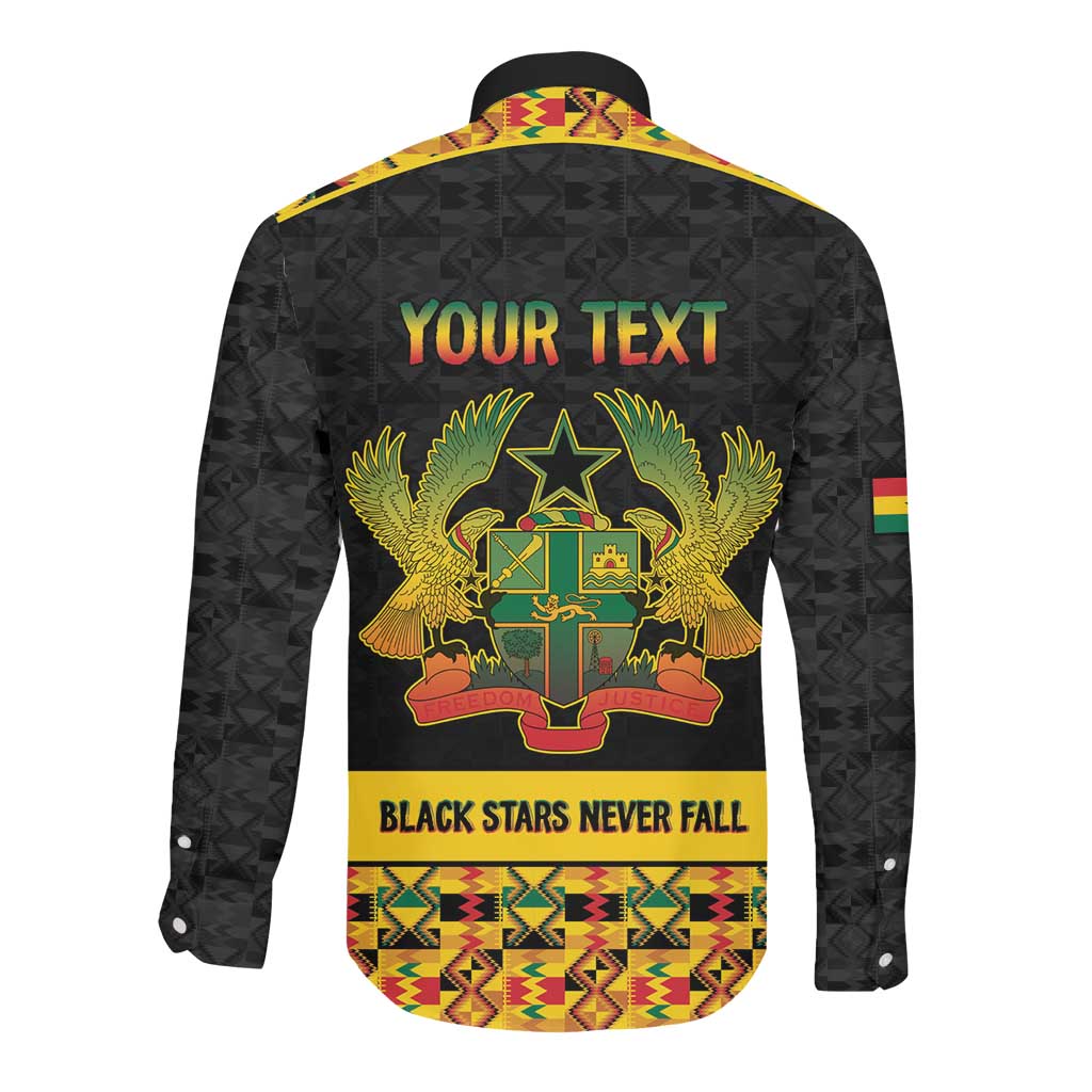 Personalized Afro Ghana Football Long Sleeve Button Shirt Black Stars Never Fall - Kente Pattern - Wonder Print Shop