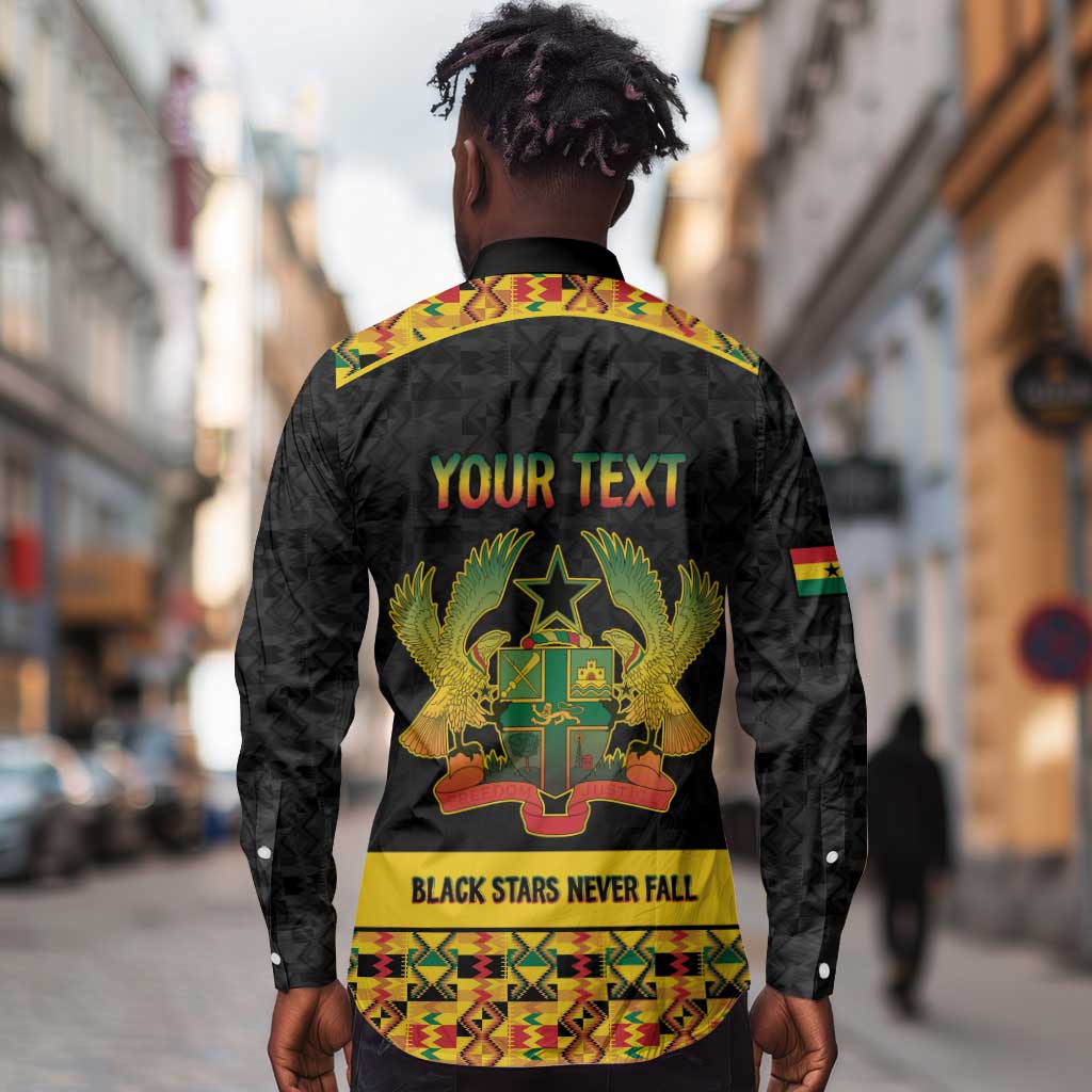 Personalized Afro Ghana Football Long Sleeve Button Shirt Black Stars Never Fall - Kente Pattern - Wonder Print Shop