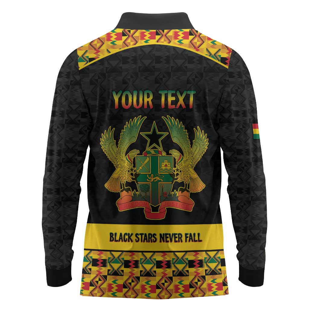 Personalized Afro Ghana Football Long Sleeve Polo Shirt Black Stars Never Fall - Kente Pattern - Wonder Print Shop
