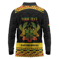 Personalized Afro Ghana Football Long Sleeve Polo Shirt Black Stars Never Fall - Kente Pattern - Wonder Print Shop