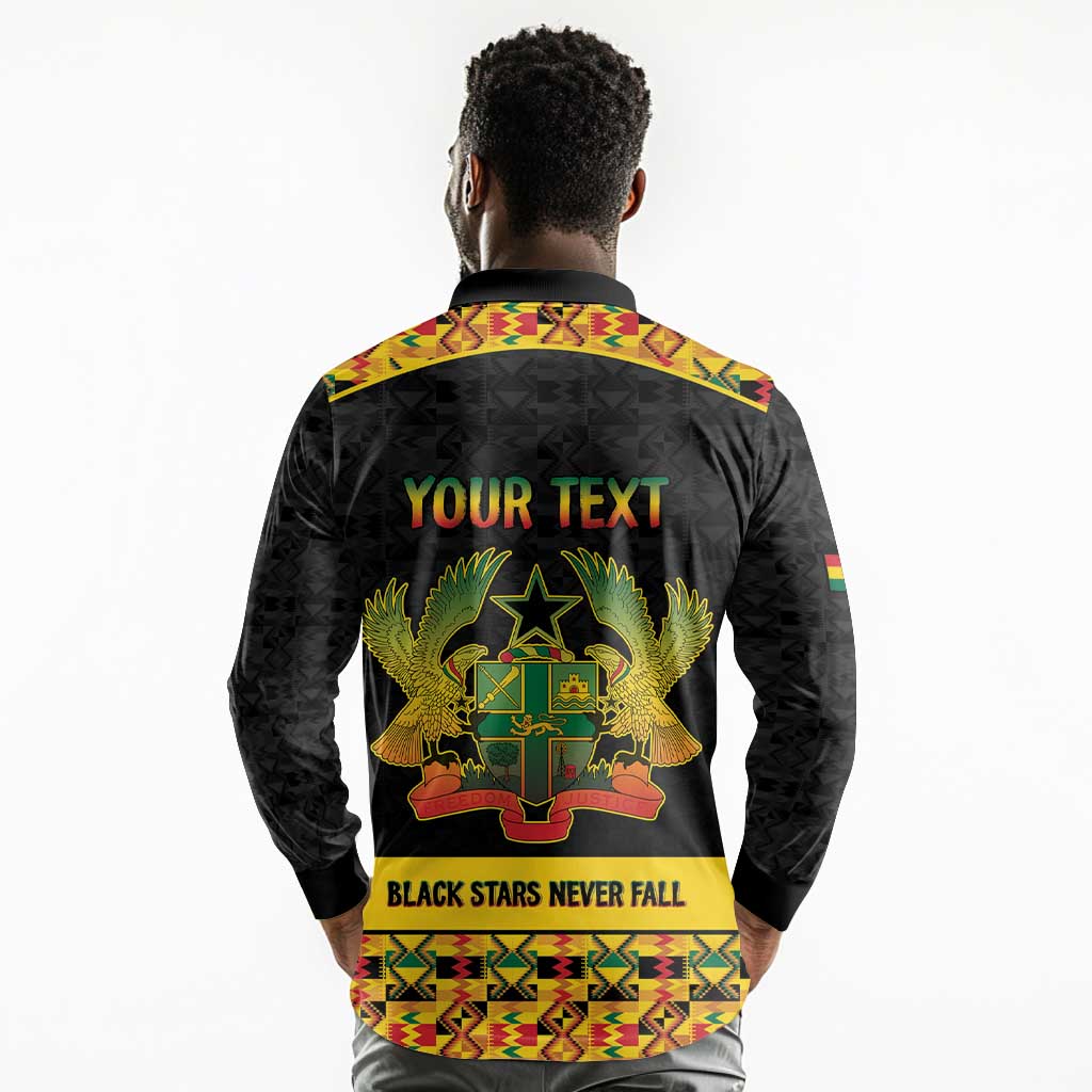 Personalized Afro Ghana Football Long Sleeve Polo Shirt Black Stars Never Fall - Kente Pattern - Wonder Print Shop