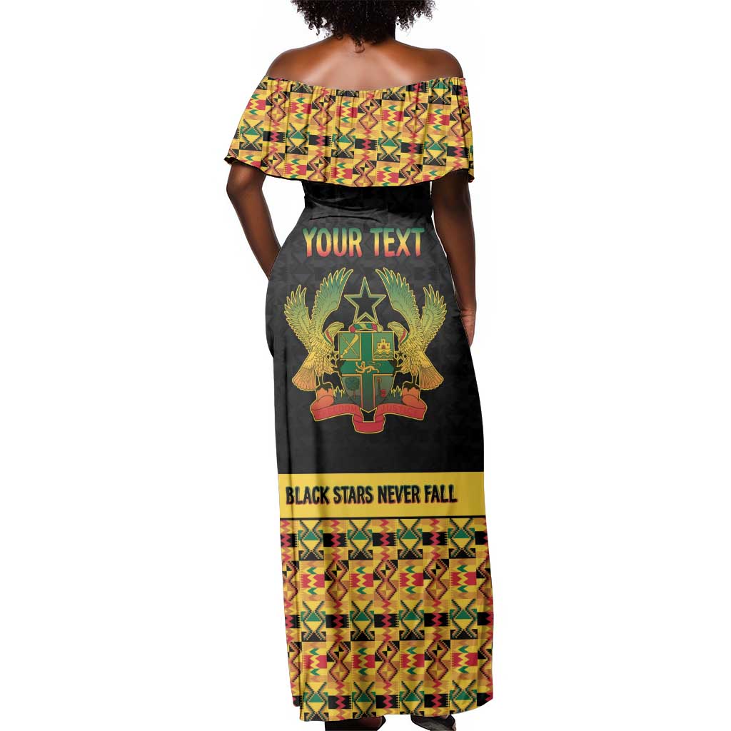 Personalized Afro Ghana Football Off Shoulder Maxi Dress Black Stars Never Fall - Kente Pattern - Wonder Print Shop