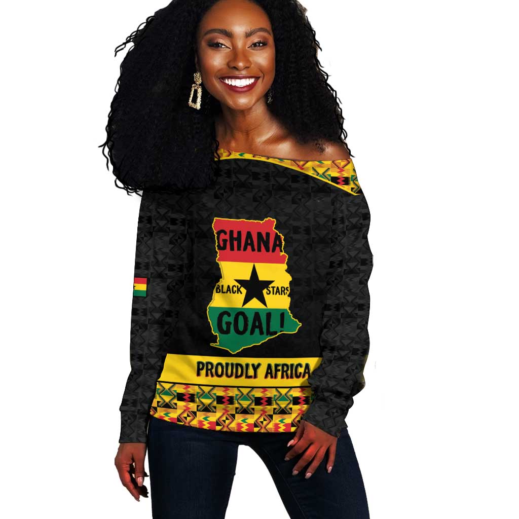 Personalized Afro Ghana Football Off Shoulder Sweater Black Stars Never Fall - Kente Pattern - Wonder Print Shop