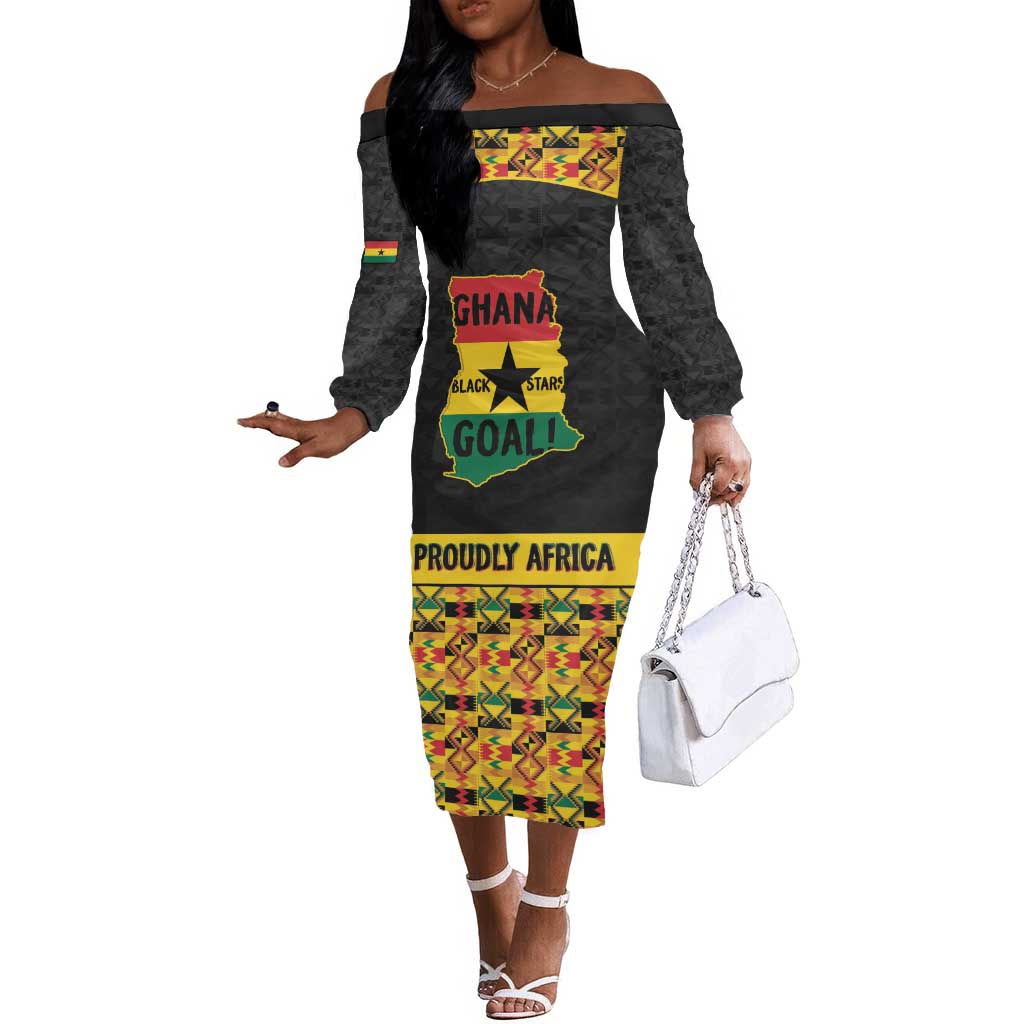 Personalized Afro Ghana Football Off The Shoulder Long Sleeve Dress Black Stars Never Fall - Kente Pattern - Wonder Print Shop