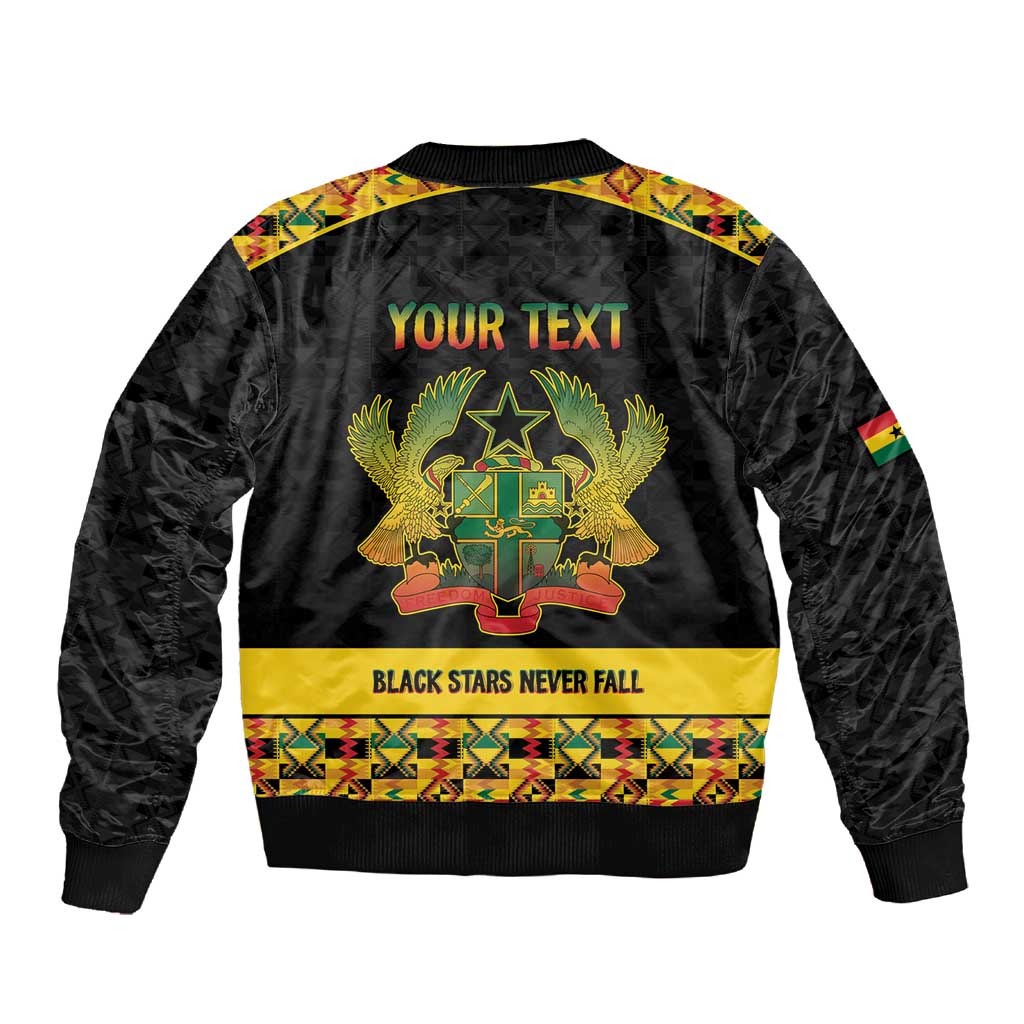 Personalized Afro Ghana Football Sleeve Zip Bomber Jacket Black Stars Never Fall - Kente Pattern - Wonder Print Shop