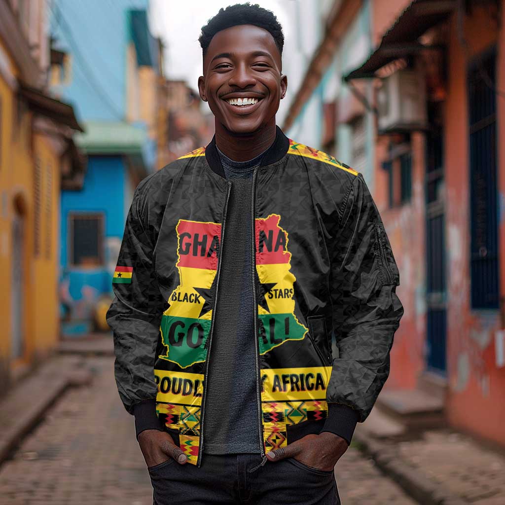 Personalized Afro Ghana Football Sleeve Zip Bomber Jacket Black Stars Never Fall - Kente Pattern - Wonder Print Shop