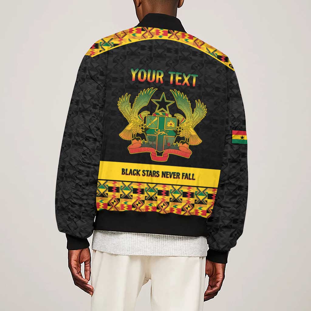 Personalized Afro Ghana Football Sleeve Zip Bomber Jacket Black Stars Never Fall - Kente Pattern - Wonder Print Shop