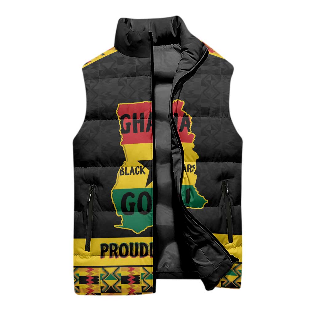 Personalized Afro Ghana Football Sleeveless Puffer Jacket Black Stars Never Fall - Kente Pattern - Wonder Print Shop