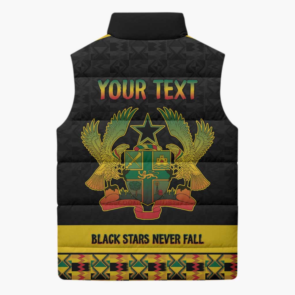 Personalized Afro Ghana Football Sleeveless Puffer Jacket Black Stars Never Fall - Kente Pattern - Wonder Print Shop