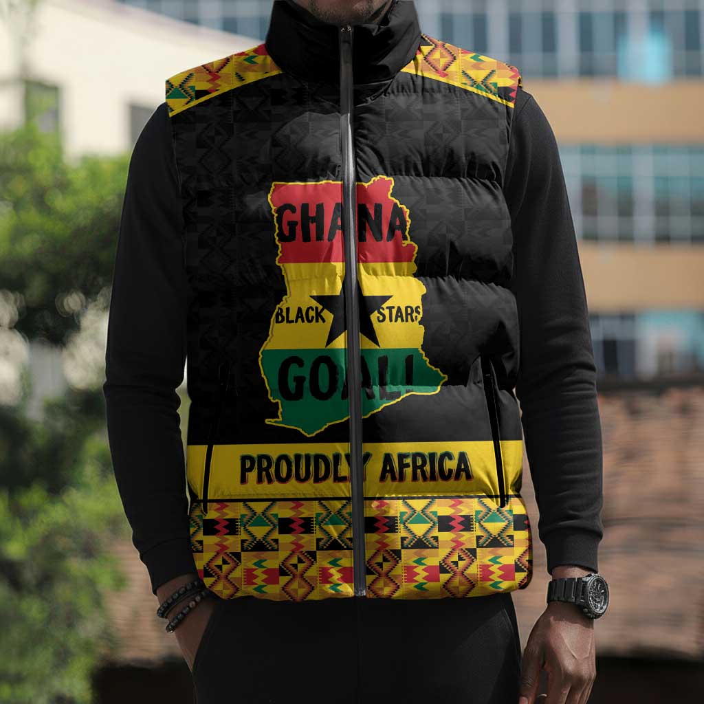 Personalized Afro Ghana Football Sleeveless Puffer Jacket Black Stars Never Fall - Kente Pattern - Wonder Print Shop