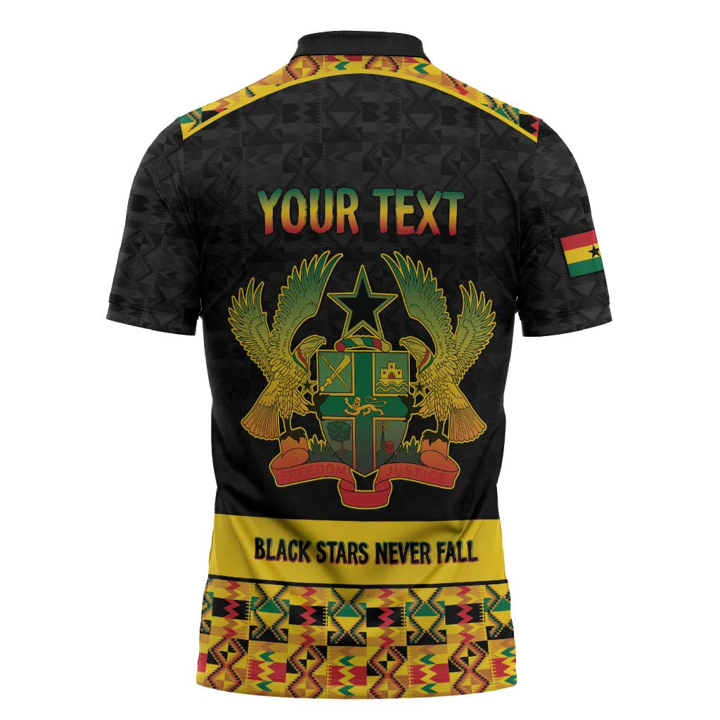 Personalized Afro Ghana Football Zipper Polo Shirt Black Stars Never Fall - Kente Pattern - Wonder Print Shop