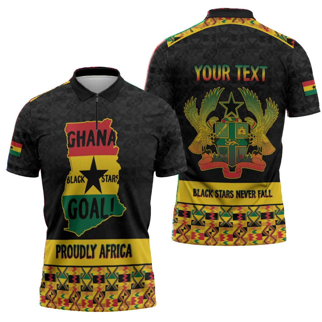 Personalized Afro Ghana Football Zipper Polo Shirt Black Stars Never Fall - Kente Pattern - Wonder Print Shop