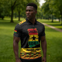 Personalized Afro Ghana Football Zipper Polo Shirt Black Stars Never Fall - Kente Pattern - Wonder Print Shop