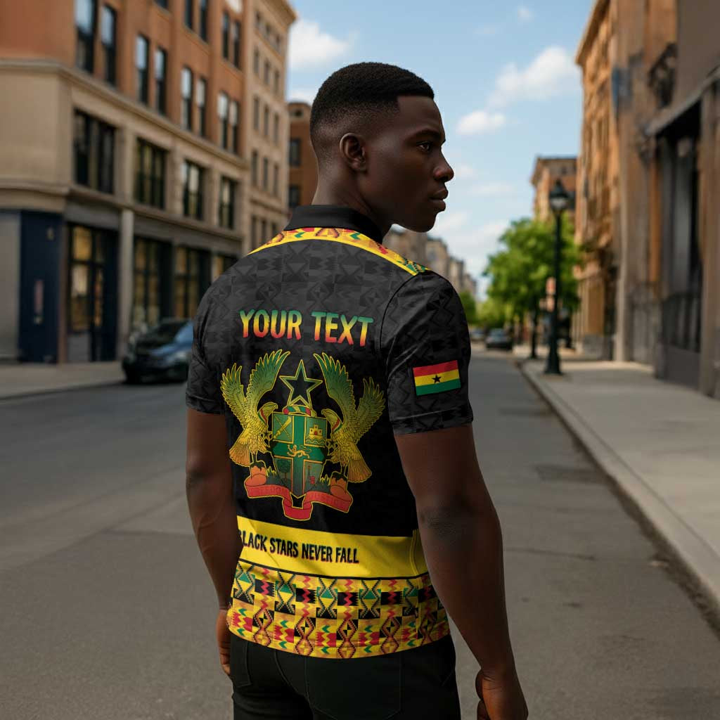 Personalized Afro Ghana Football Zipper Polo Shirt Black Stars Never Fall - Kente Pattern - Wonder Print Shop