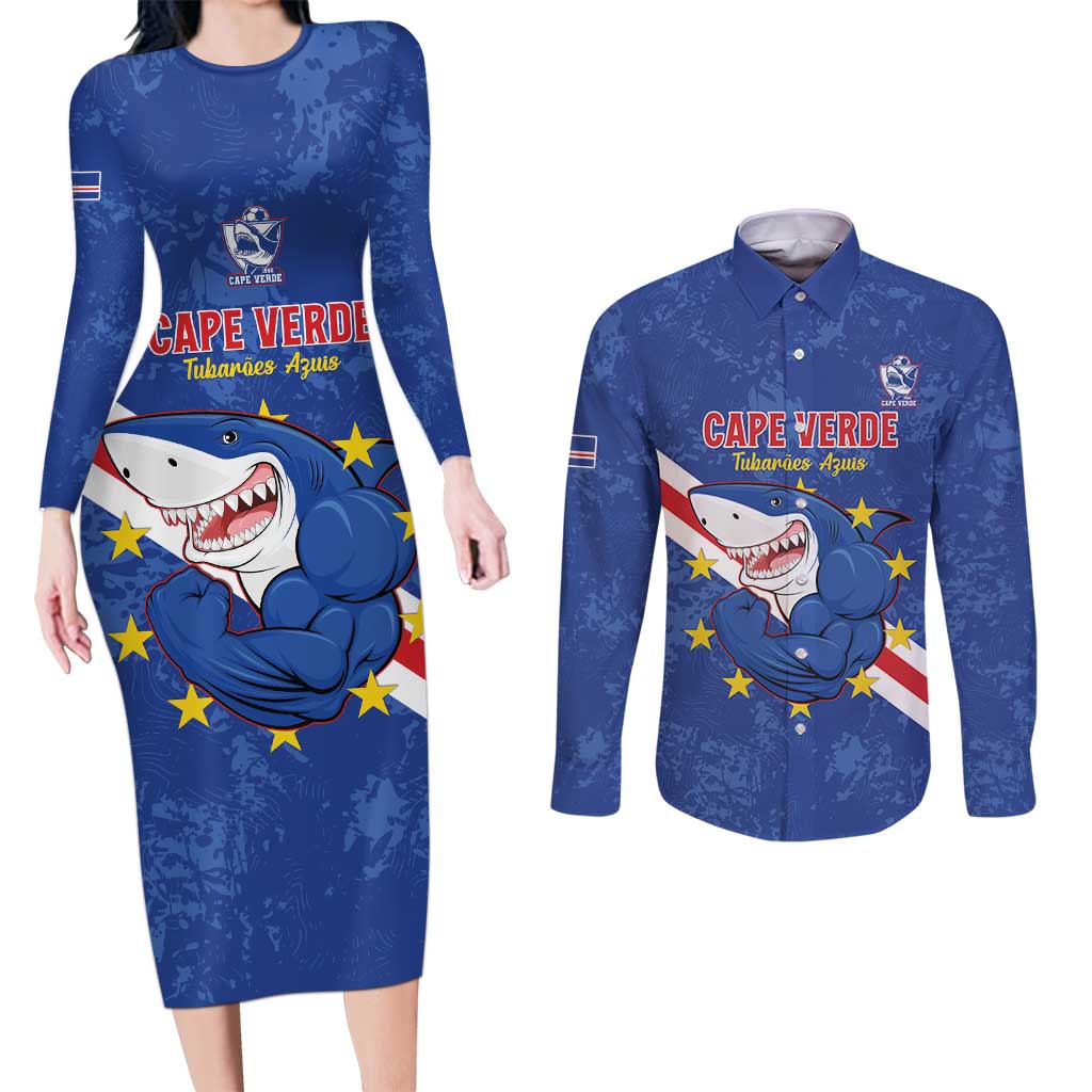 Custom Cape Verde Football Couples Matching Long Sleeve Bodycon Dress and Long Sleeve Button Shirt Go Blue Sharks