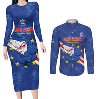 Custom Cape Verde Football Couples Matching Long Sleeve Bodycon Dress and Long Sleeve Button Shirt Go Blue Sharks