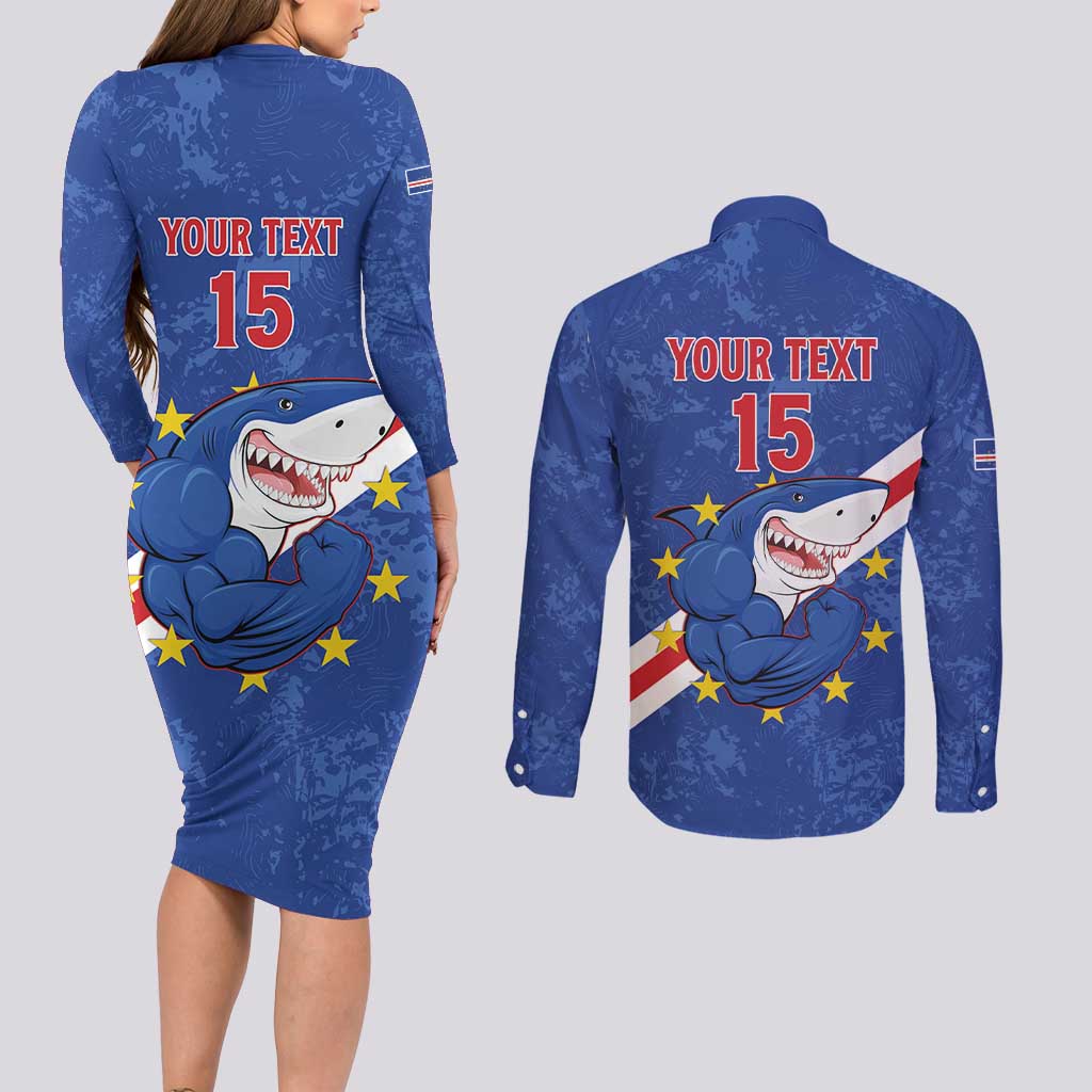 Custom Cape Verde Football Couples Matching Long Sleeve Bodycon Dress and Long Sleeve Button Shirt Go Blue Sharks