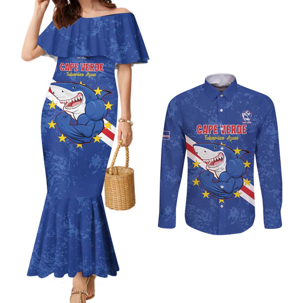 Custom Cape Verde Football Couples Matching Mermaid Dress and Long Sleeve Button Shirt Go Blue Sharks