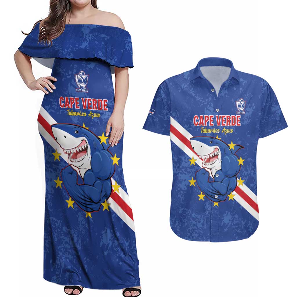 Custom Cape Verde Football Couples Matching Off Shoulder Maxi Dress and Hawaiian Shirt Go Blue Sharks