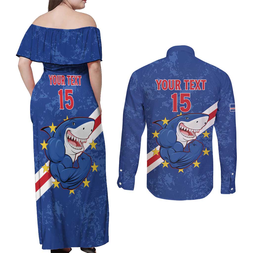Custom Cape Verde Football Couples Matching Off Shoulder Maxi Dress and Long Sleeve Button Shirt Go Blue Sharks