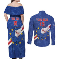 Custom Cape Verde Football Couples Matching Off Shoulder Maxi Dress and Long Sleeve Button Shirt Go Blue Sharks