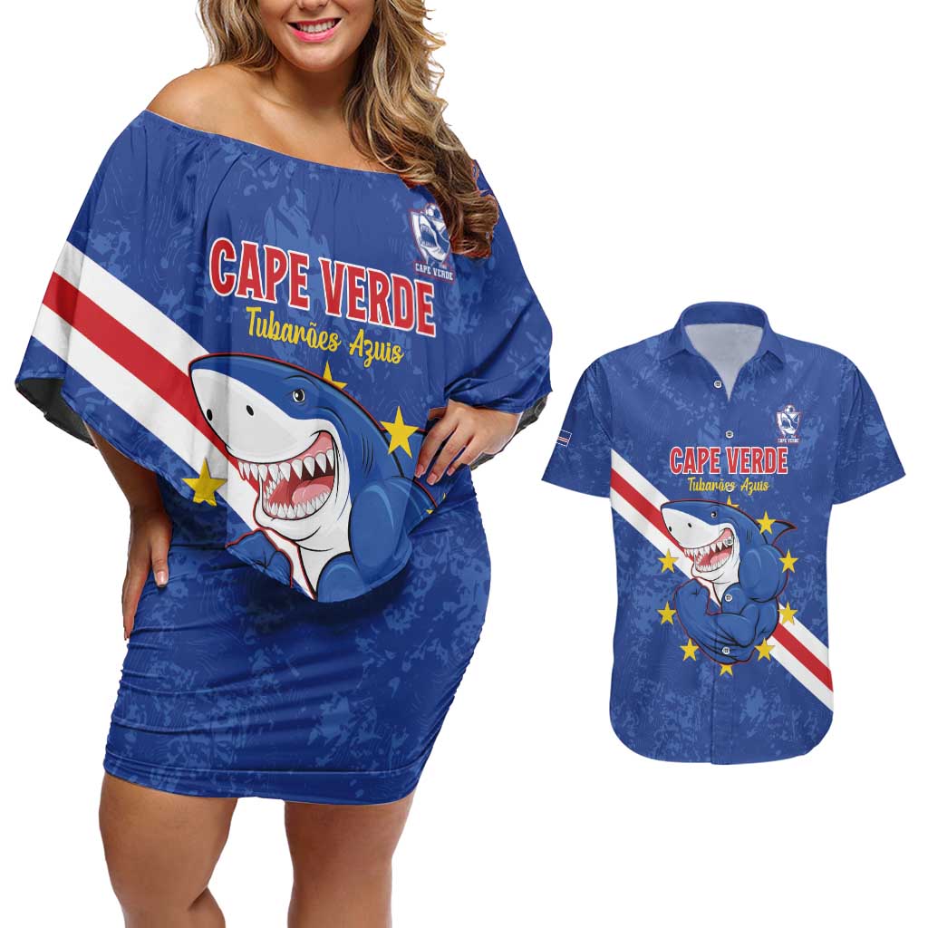 Custom Cape Verde Football Couples Matching Off Shoulder Short Dress and Hawaiian Shirt Go Blue Sharks
