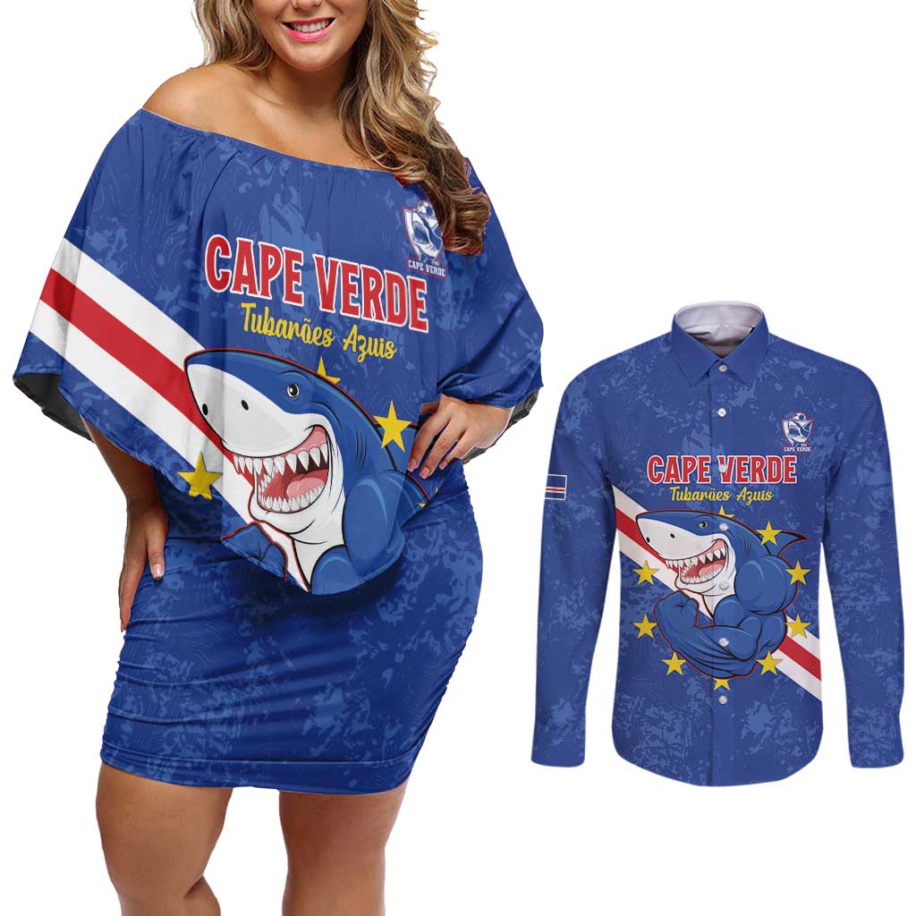 Custom Cape Verde Football Couples Matching Off Shoulder Short Dress and Long Sleeve Button Shirt Go Blue Sharks