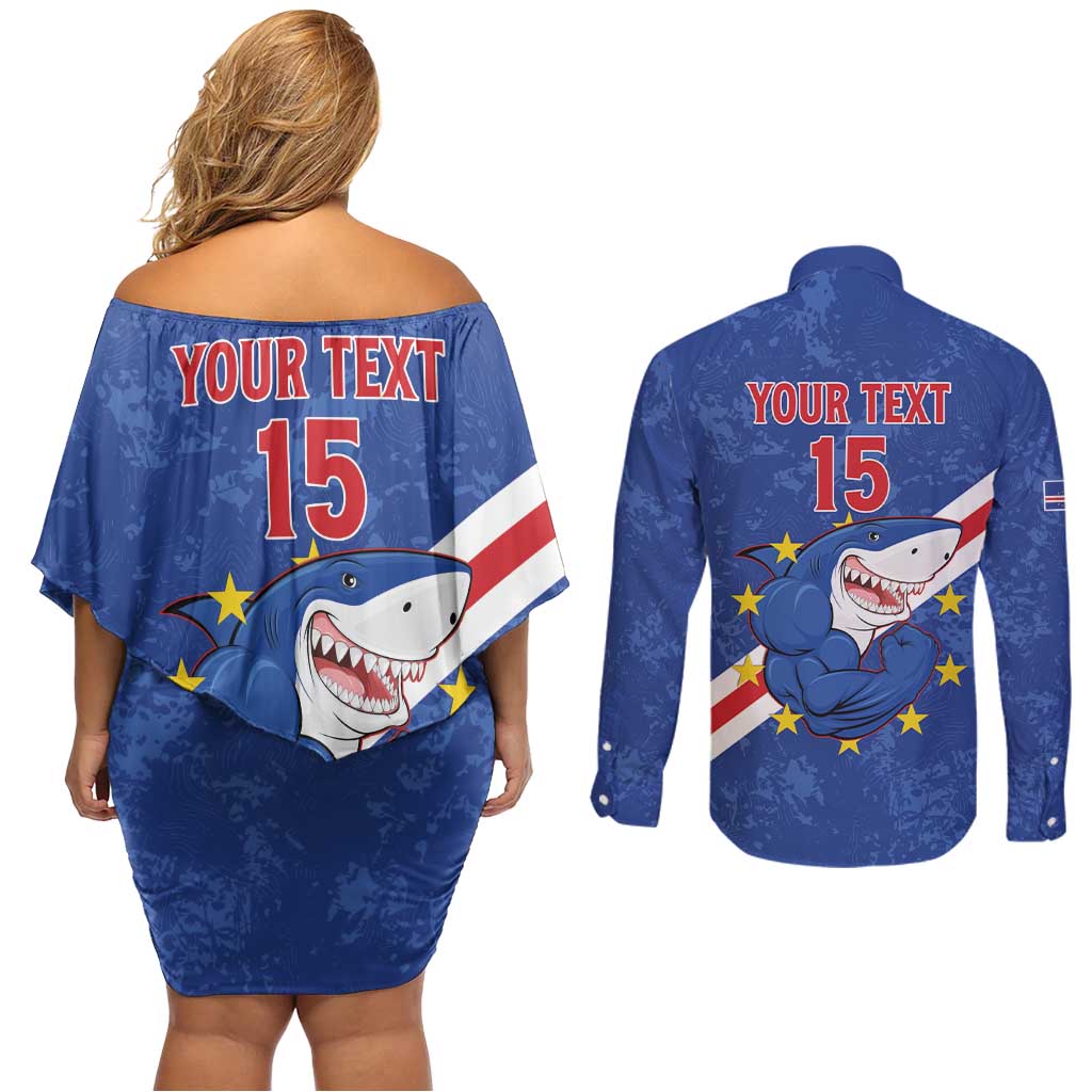 Custom Cape Verde Football Couples Matching Off Shoulder Short Dress and Long Sleeve Button Shirt Go Blue Sharks