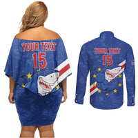 Custom Cape Verde Football Couples Matching Off Shoulder Short Dress and Long Sleeve Button Shirt Go Blue Sharks