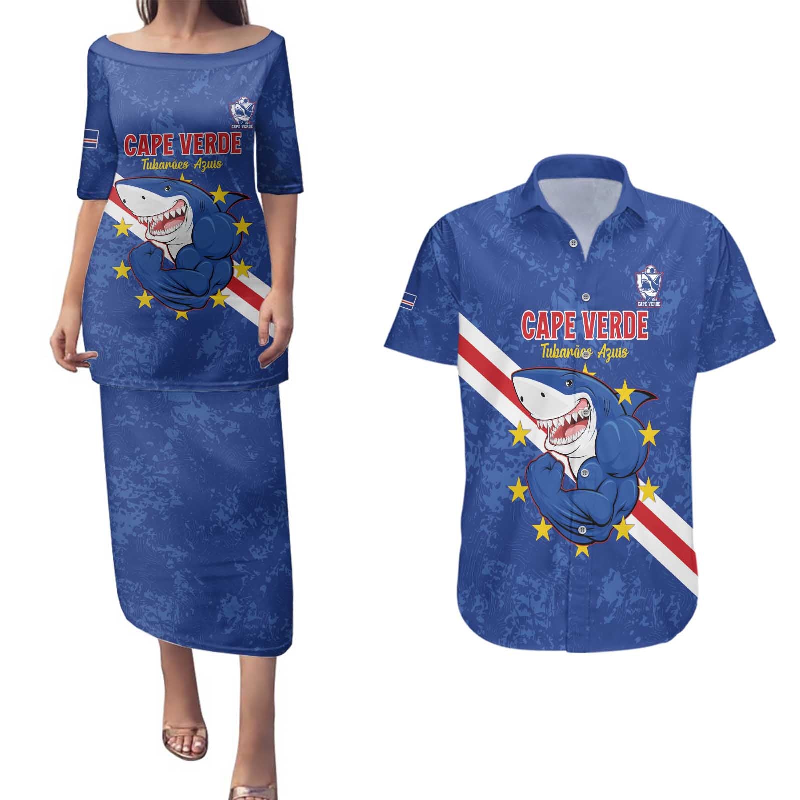 Custom Cape Verde Football Couples Matching Puletasi and Hawaiian Shirt Go Blue Sharks
