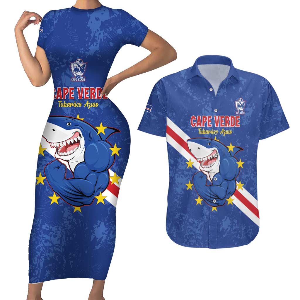 Custom Cape Verde Football Couples Matching Short Sleeve Bodycon Dress and Hawaiian Shirt Go Blue Sharks