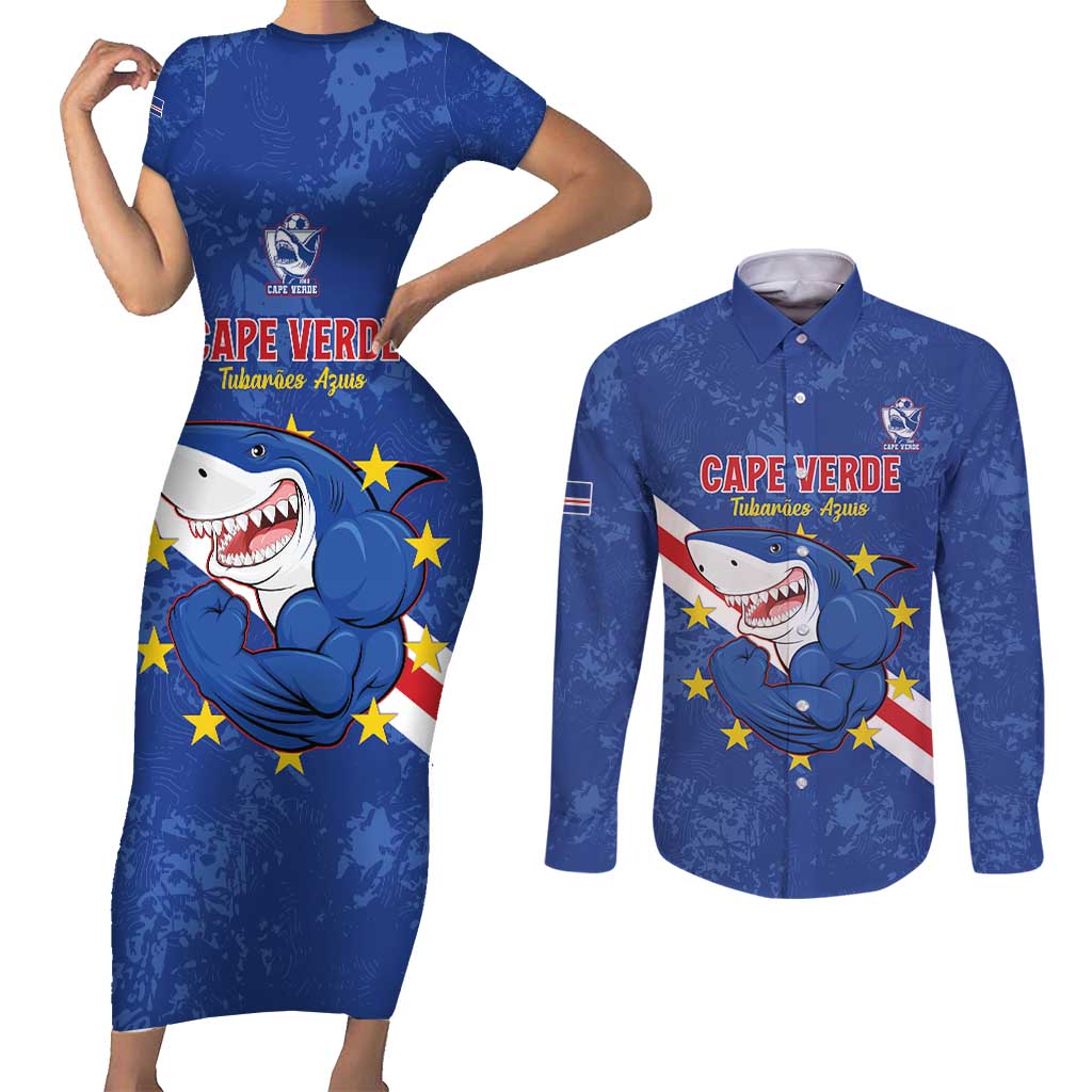 Custom Cape Verde Football Couples Matching Short Sleeve Bodycon Dress and Long Sleeve Button Shirt Go Blue Sharks