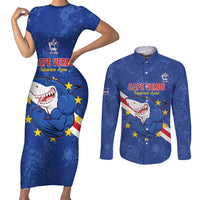 Custom Cape Verde Football Couples Matching Short Sleeve Bodycon Dress and Long Sleeve Button Shirt Go Blue Sharks