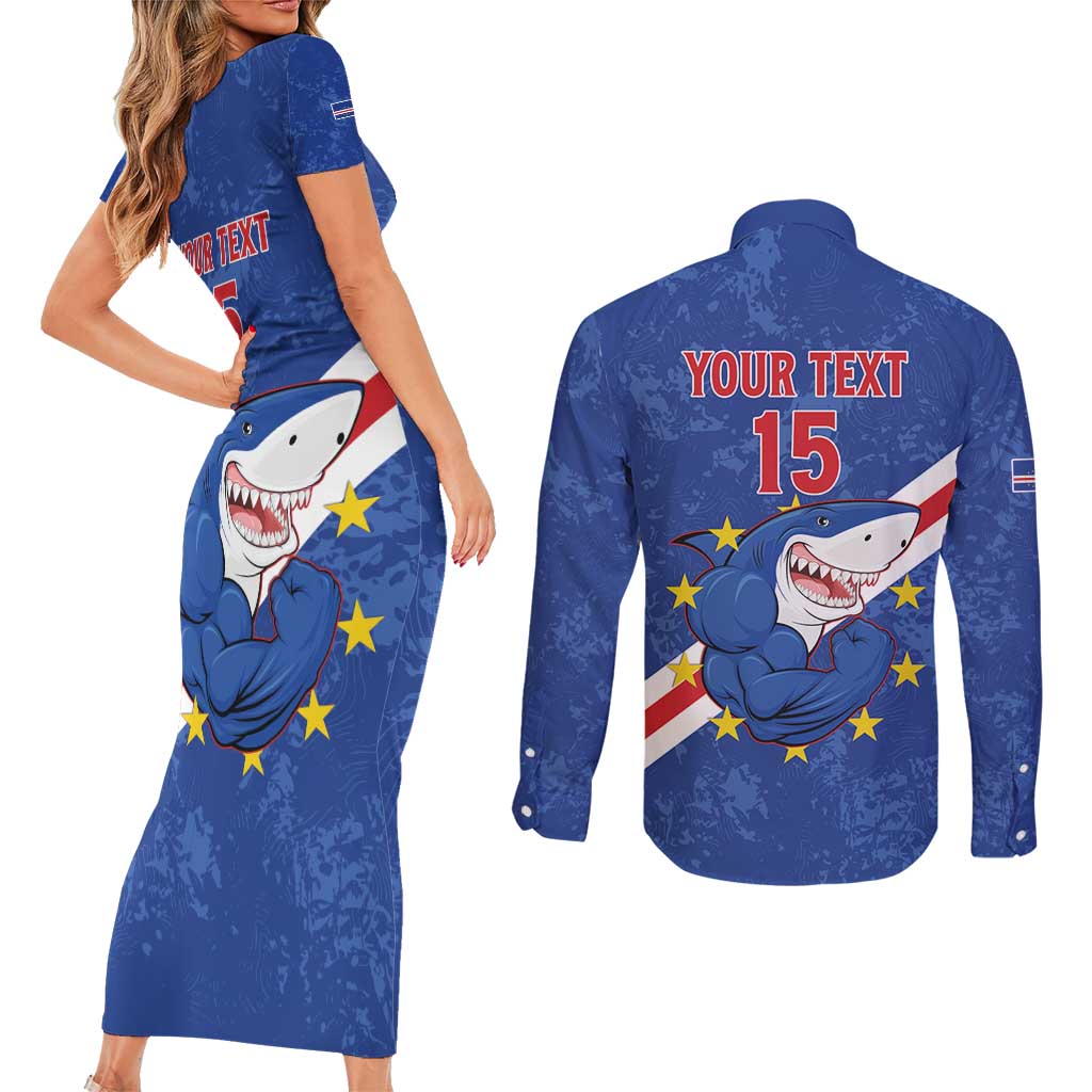 Custom Cape Verde Football Couples Matching Short Sleeve Bodycon Dress and Long Sleeve Button Shirt Go Blue Sharks