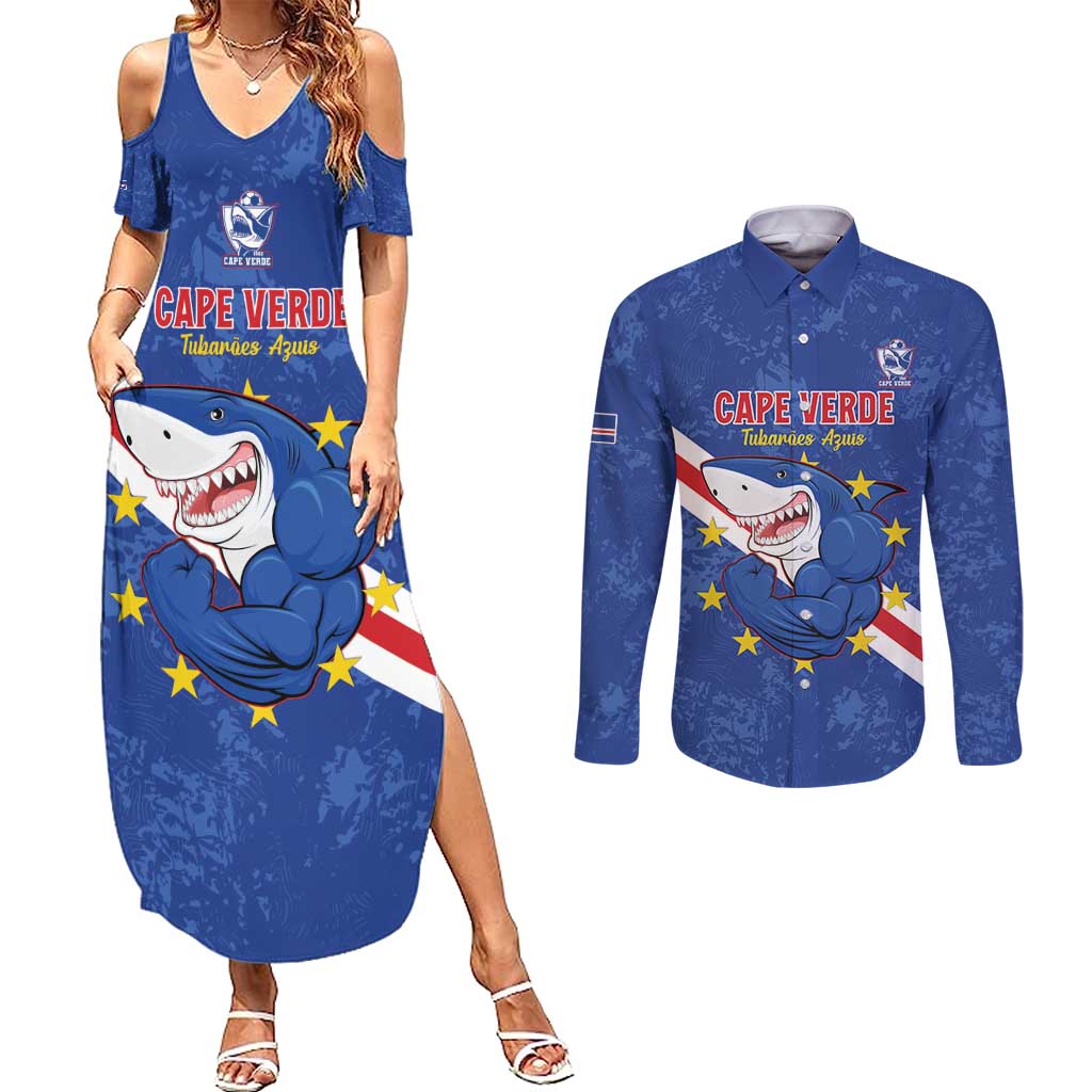 Custom Cape Verde Football Couples Matching Summer Maxi Dress and Long Sleeve Button Shirt Go Blue Sharks