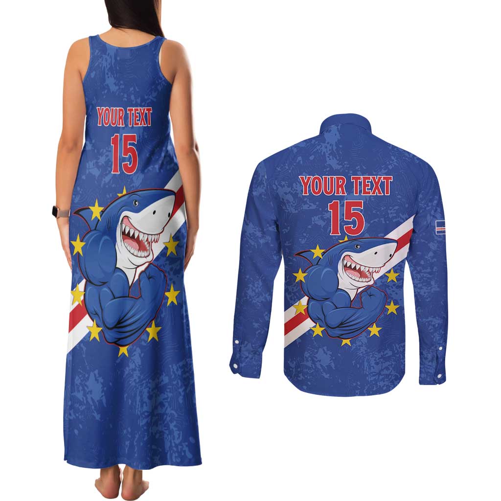 Custom Cape Verde Football Couples Matching Tank Maxi Dress and Long Sleeve Button Shirt Go Blue Sharks