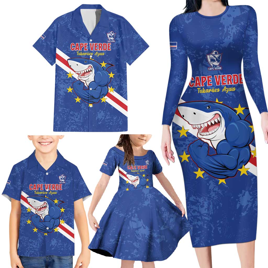 Custom Cape Verde Football Family Matching Long Sleeve Bodycon Dress and Hawaiian Shirt Go Blue Sharks