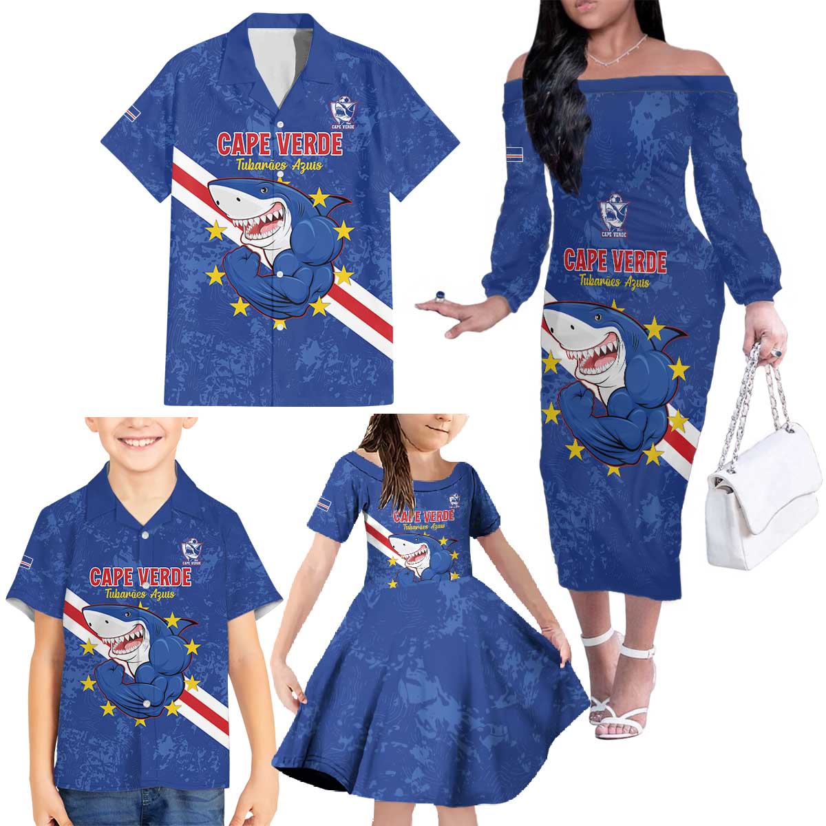 Custom Cape Verde Football Family Matching Off The Shoulder Long Sleeve Dress and Hawaiian Shirt Go Blue Sharks