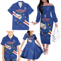 Custom Cape Verde Football Family Matching Off The Shoulder Long Sleeve Dress and Hawaiian Shirt Go Blue Sharks