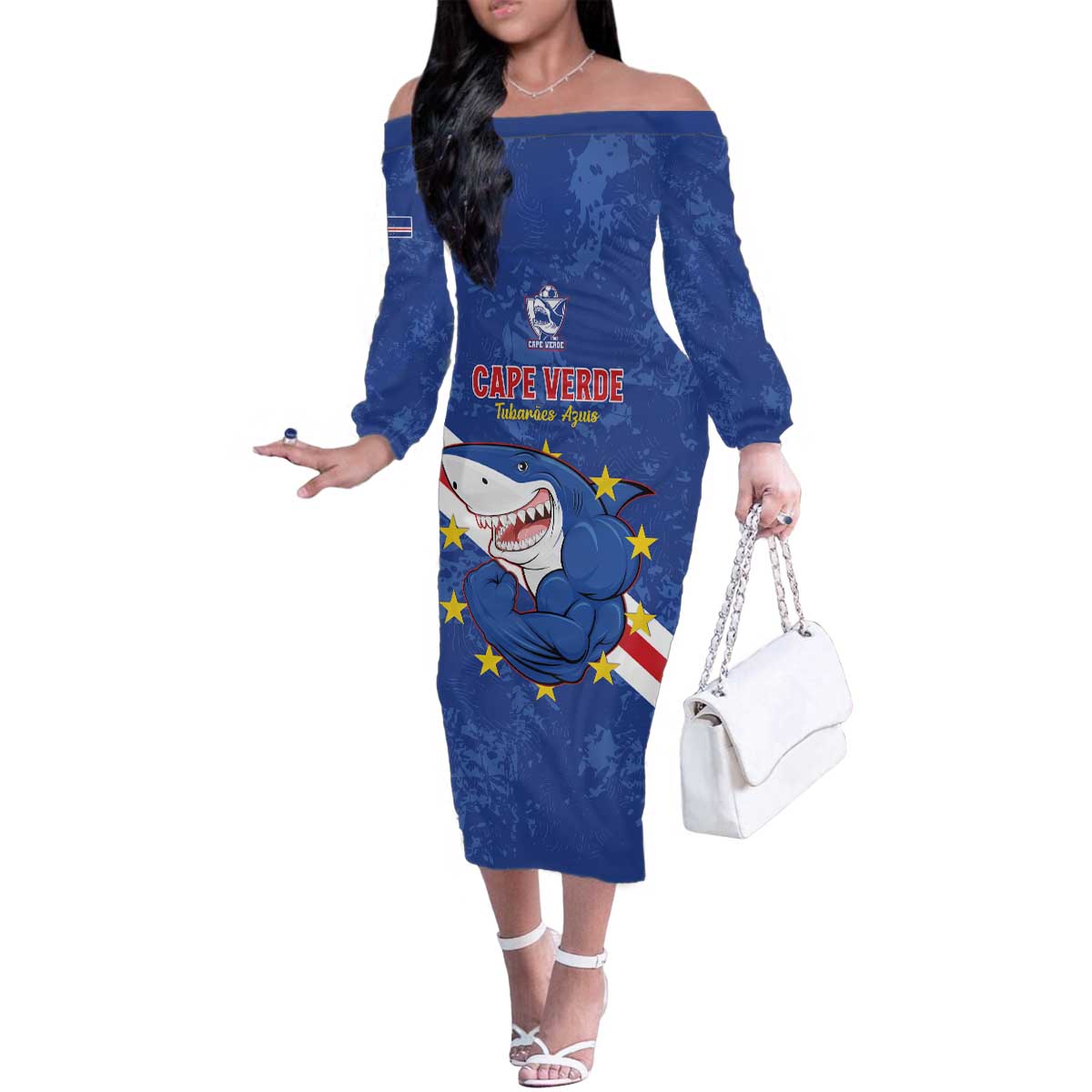 Custom Cape Verde Football Family Matching Off The Shoulder Long Sleeve Dress and Hawaiian Shirt Go Blue Sharks