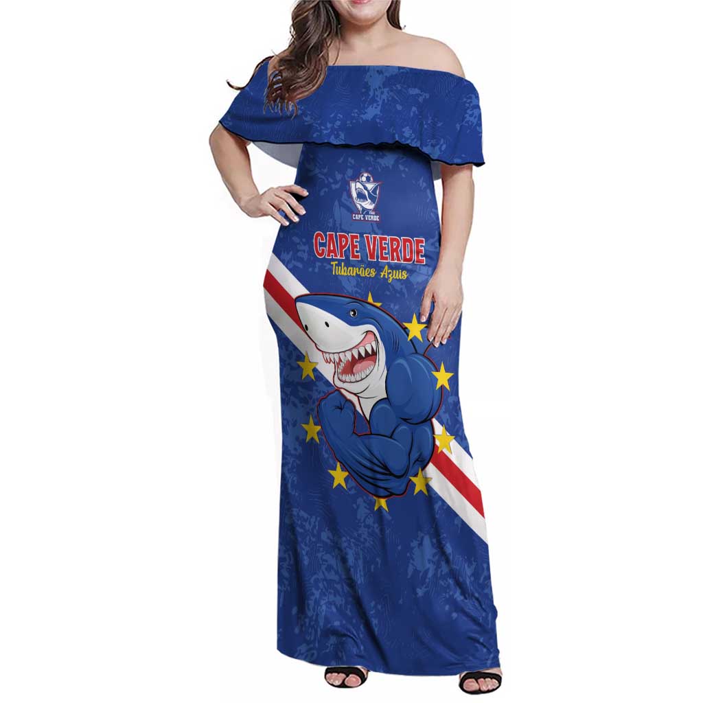 Custom Cape Verde Football Family Matching Off Shoulder Maxi Dress and Hawaiian Shirt Go Blue Sharks