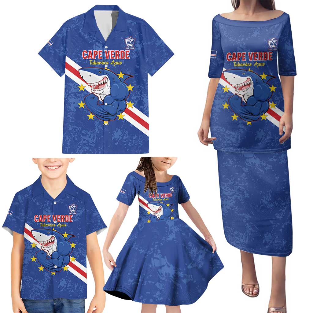 Custom Cape Verde Football Family Matching Puletasi and Hawaiian Shirt Go Blue Sharks