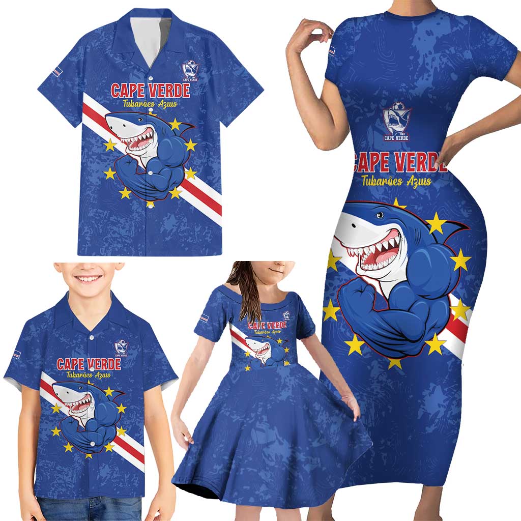 Custom Cape Verde Football Family Matching Short Sleeve Bodycon Dress and Hawaiian Shirt Go Blue Sharks